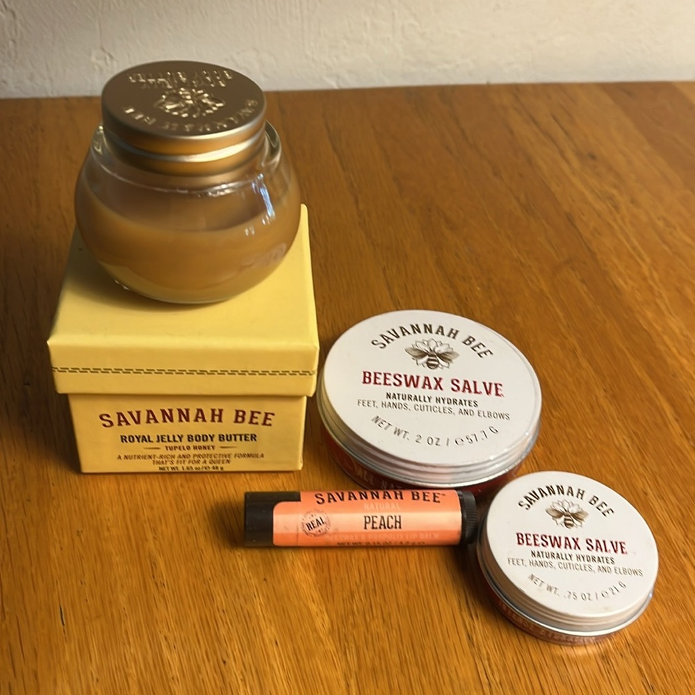 NWOT Savannah Bee Royal Jelly Body Butter, Beeswax Salve (2) and peach lip balm.